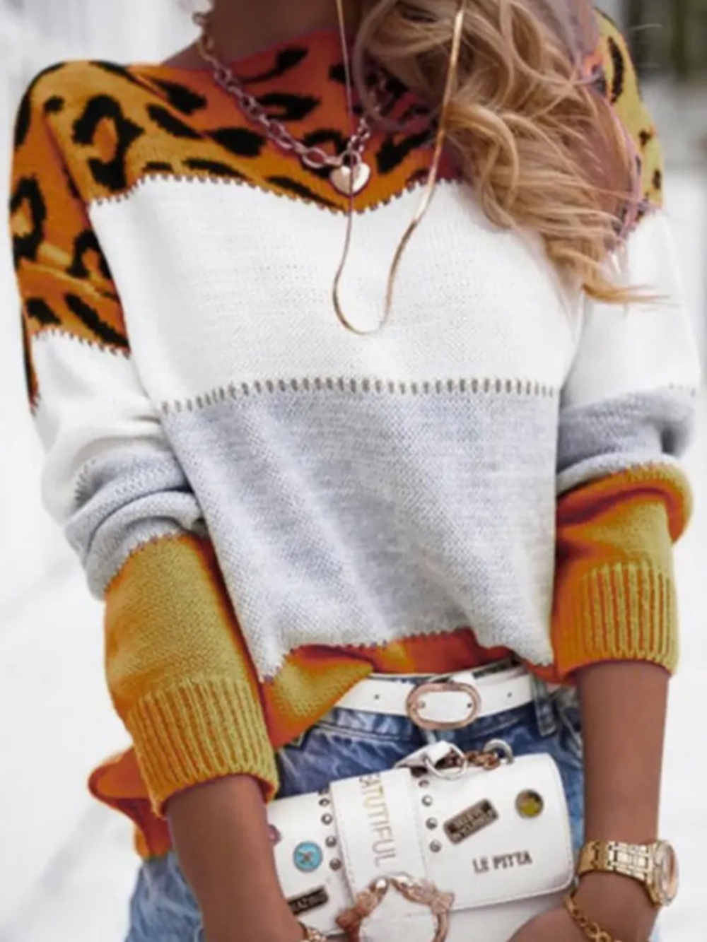 Women's Colorblock Crewneck Sweater with Leopard Yoke - Orange, White & Gray